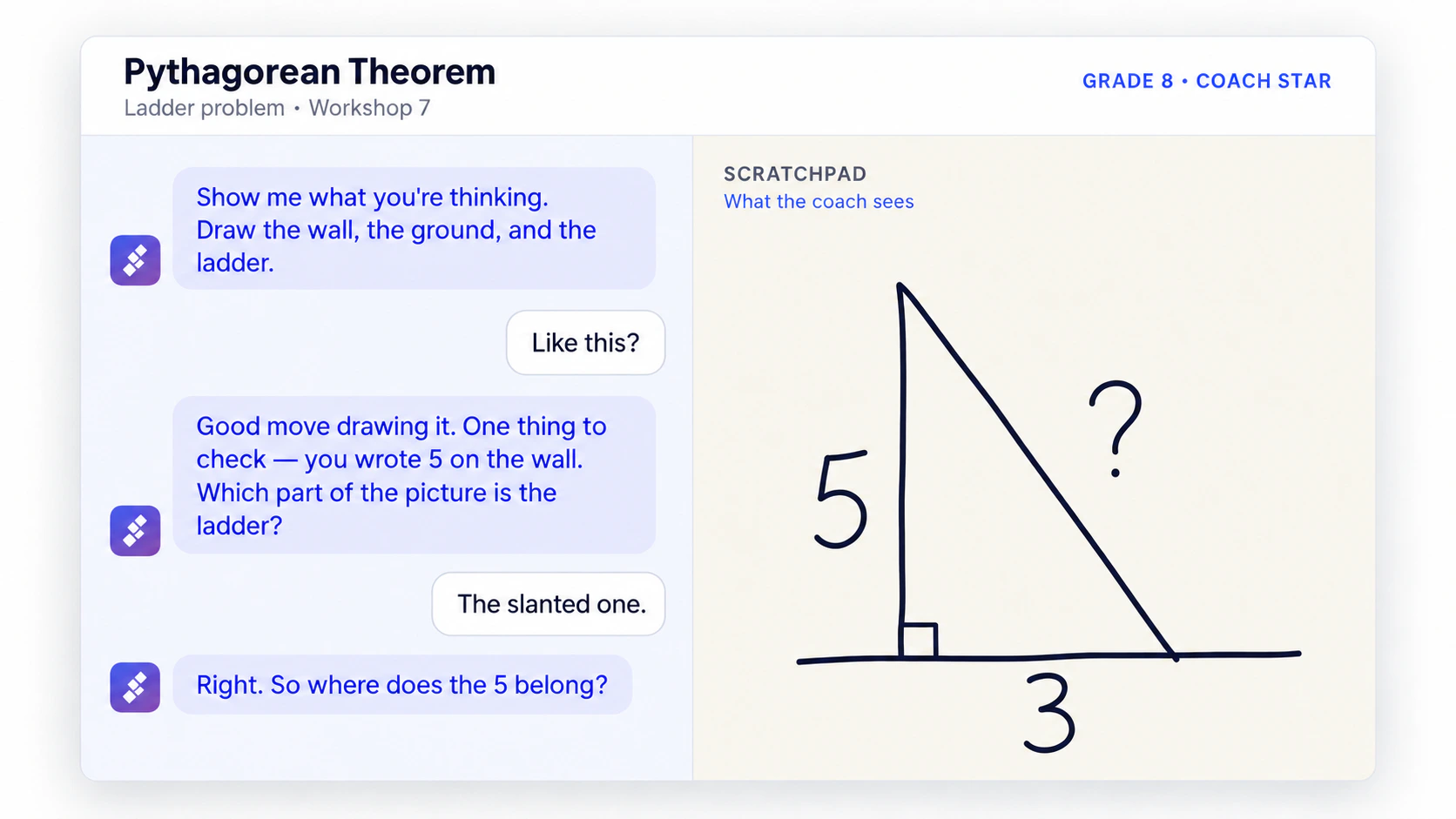 StarCoach asks a student to explain their reasoning beside the student’s geometry work on a scratchpad
