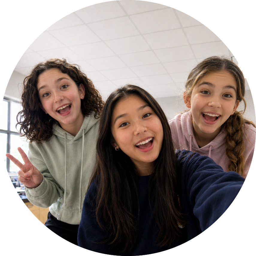 Three middle-school students smiling together